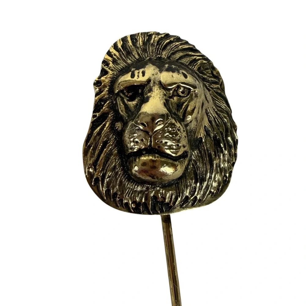 Vintage Gold Tone Lion Head Stick Pin Regal Animal Lapel Hat Pin with End Cap